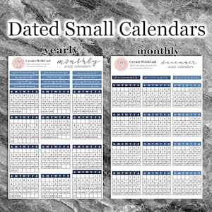 May include: A set of printable monthly calendar stickers in blue and white with the text "CreateWithCait" and "Dated Small Calendars". The calendars are for the year 2023 and 2022.