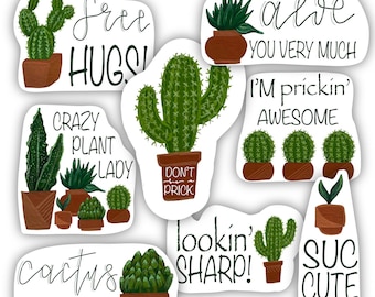 Set of 8 Plant Humor Garden Themed Encouraging Stickers Cactus Aloe Vera  Orchid