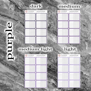 May include: Four different shades of purple weekly habit tracker stickers. The stickers are labelled "dark", "medium", "medium light", and "light". Each sticker has a grid with 7 columns and 6 rows. The stickers are designed for use in a planner or journal.
