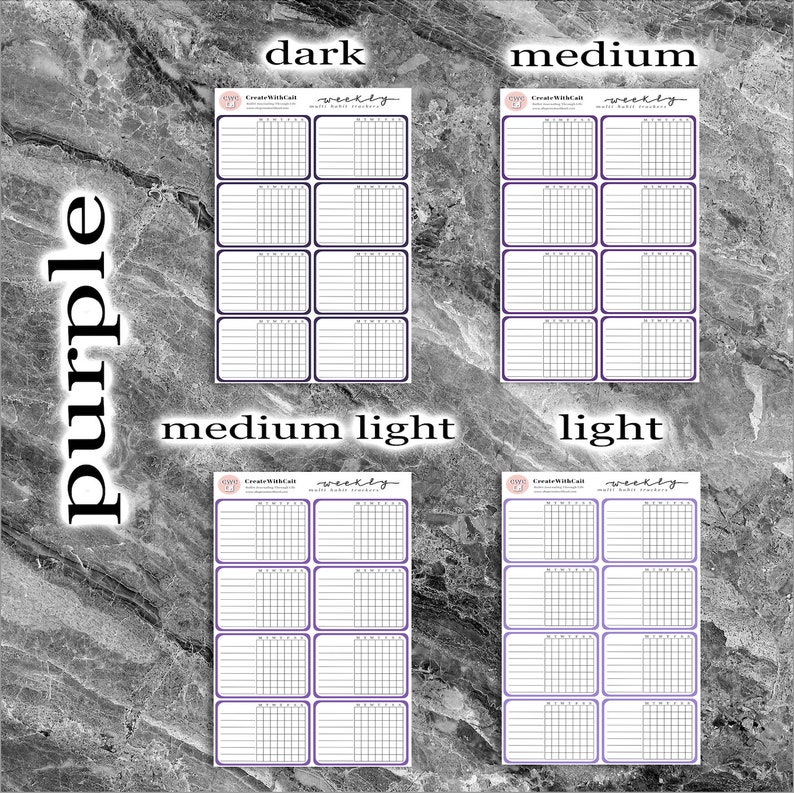 May include: Four different shades of purple weekly habit tracker stickers. The stickers are labelled "dark", "medium", "medium light", and "light". Each sticker has a grid with 7 columns and 6 rows. The stickers are designed for use in a planner or journal.