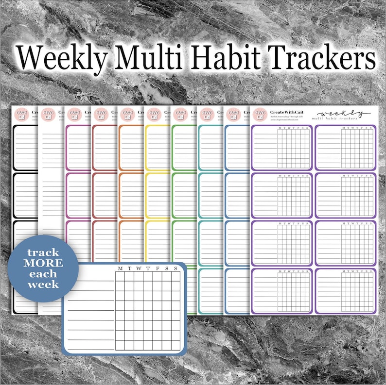 May include: A set of printable weekly habit trackers in various colours. The trackers feature a grid layout with days of the week labelled M-S. The text "CreateWithCait" and "weekly multi habit trackers" is visible on the page.