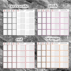 May include: Set of four weekly habit tracker stickers in grayscale, pink, red, and orange. Each sticker has a grid with 28 squares and the text "Create WithKat" and "weekly habit tracker".