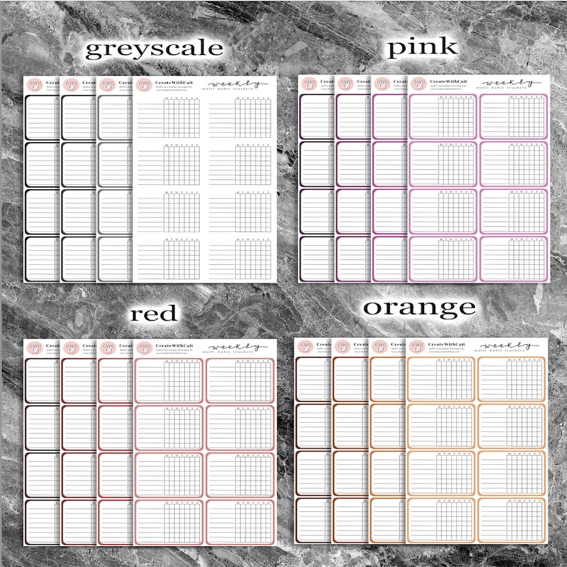 May include: Set of four weekly habit tracker stickers in grayscale, pink, red, and orange. Each sticker has a grid with 28 squares and the text "Create WithKat" and "weekly habit tracker".