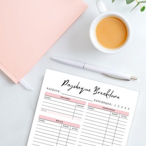May include: A printable budget tracker worksheet with sections for income, bills, and expenses. The worksheet has a pink and white color scheme and includes columns for source, amount, budget, and actual.