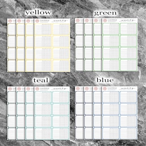May include: Four sheets of weekly habit tracker stickers in yellow, green, teal, and blue. Each sheet has five habit trackers with a grid and lines for writing.