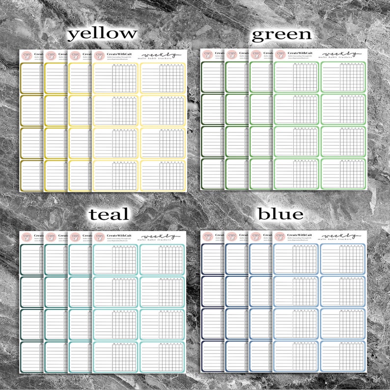 May include: Four sheets of weekly habit tracker stickers in yellow, green, teal, and blue. Each sheet has five habit trackers with a grid and lines for writing.