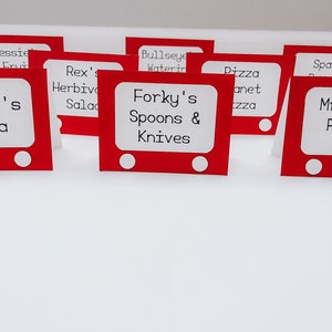 Etch-A-Sketch Party Labels, Themed Food Tents, Toy Story Birthday Decor, Tent Table Cards, Toy Story Party, Food Labels, Place Cards