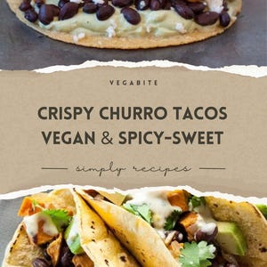 Tarjeta de receta de tacos de churros veganos: crema picante de camote y aguacate / Cena vegetal única / Comida vegana de fusión imprimible