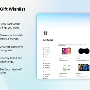 Puede incluir: Una captura de pantalla de un sitio web que muestra una funci&oacute;n de lista de deseos de regalos. El sitio web muestra una lista de art&iacute;culos con precios y enlaces para comprarlos. Los art&iacute;culos incluyen una tira de luz degradada, un Apple Vision Pro, una alfombra Tile, una prueba de ADN de 23andMe, una Macbook Air y una aspiradora Roomba.
