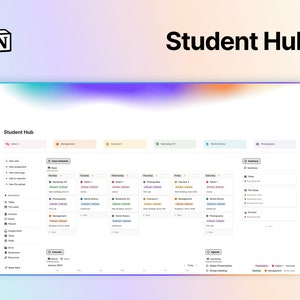 Könnte beinhalten: Ein Screenshot einer Webanwendung mit einem bunten Farbverlaufshintergrund. Die Anwendung heißt "Student Hub" und bietet einen Kalender, einen Stundenplan und eine Zusammenfassung der kommenden Ereignisse. Der Kalender zeigt den Monat Januar 2024.