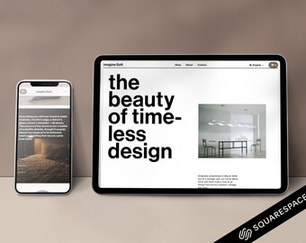Może przedstawiać: Zrzut ekranu strony internetowej wyświetlanej na tablecie i smartfonie. Strona internetowa jest dla firmy o nazwie "Imagine Soft" i zawiera tekst "the beauty of time-less design". Strona internetowa zawiera również zdjęcie nowoczesnej jadalni z czarnym stołem i krzesłami.
