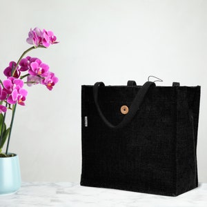 JUTEKA Button and Loop Eco Friendly Jute Bag with Wooden Button and Premium Cotton Handles Black