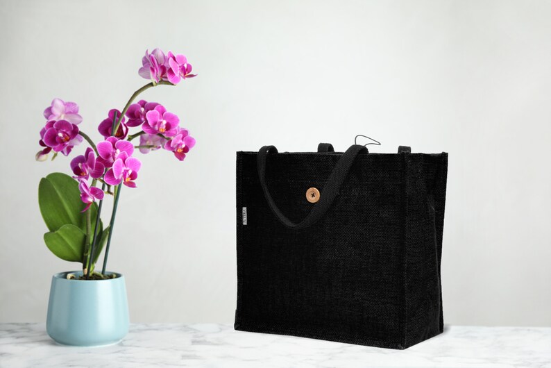 JUTEKA Button and Loop Eco Friendly Jute Bag with Wooden Button and Premium Cotton Handles Black