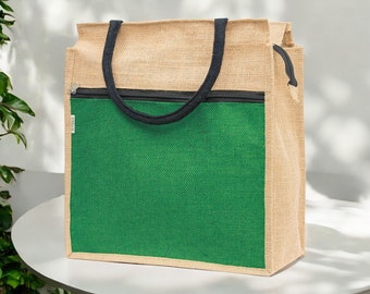 JUTEKA Front Zip Pocket Teal Blue Color Jute Bag for Lunch, Office