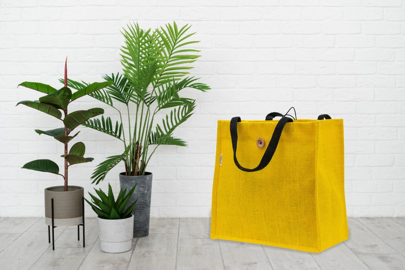 JUTEKA Button and Loop Eco Friendly Jute Bag with Wooden Button and Premium Cotton Handles Yellow