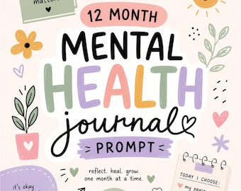 Könnte beinhalten: Ein 12-Monats-Journal für psychische Gesundheit mit pastellfarbenen Illustrationen wie Gehirn, Sonne, Regenbogen und Kaffeetasse. Der Text lautet: you matter, be kind to your mind, 12 month mental health journal, reflect, heal, grow, today I choose.