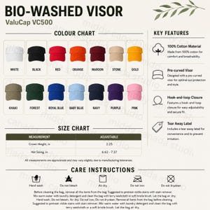 May include: A ValuCap VC500 bio-washed visor colour chart displaying fourteen colour options including white, black, red, orange, maroon, stone, gold, khaki, forest, royal blue, baby blue, navy, purple, and pink, with size chart and care instructions.