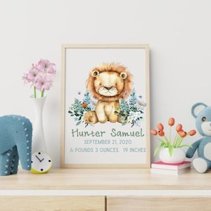 Stampa di annuncio di nascita di animali del safari: decorazione murale personalizzata per la cameretta dei bambini