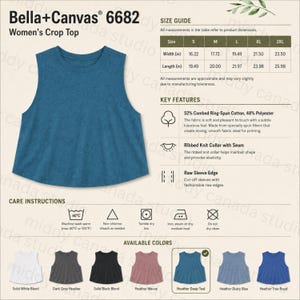 May include: A teal-colored women's crop top from Bella+Canvas. The sleeveless top has a ribbed knit collar and raw sleeve edges. The size guide shows measurements in inches. Available in multiple colors, including heather deep teal.
