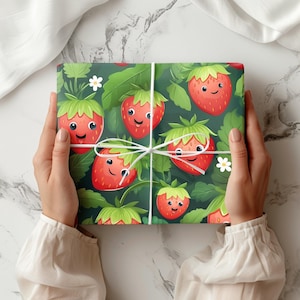 Strawberry Smiley Faces Gift Paper Berries Gift Wrap Summer Birthday Garden Party Picnic Birthday Wedding Wrapping Paper Coquette Wrapping