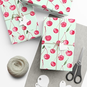 Carta da regalo con acquerello - Carta da regalo alla moda ricoperta di ciliegie, motivo di frutta verde menta, graziosa carta da regalo per tutte le occasioni