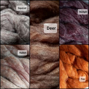 Puede incluir: Cinco colores diferentes de vellón de lana, etiquetados como "Ardilla", "Ciervo", "Tejón", "Conejo" y "Zorro".