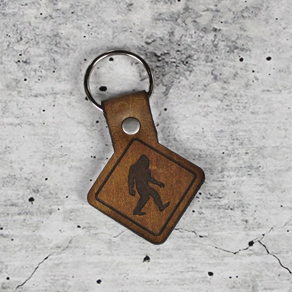 Bigfoot Caution Sasquatch Danger Genuine Leather Keychain