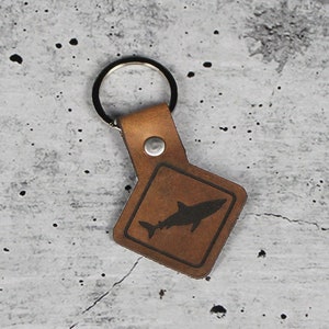 Shark Caution Shark Warning Genuine Leather Keychain