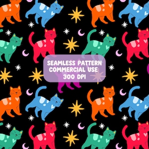 May include: Seamless pattern featuring colorful cartoon cats in orange, blue, red, and green, with white heart accents. The design includes yellow stars, white crescent moons, and stars on a black background. Text reads "SEAMLESS PATTERN COMMERCIAL USE 300 DPI."