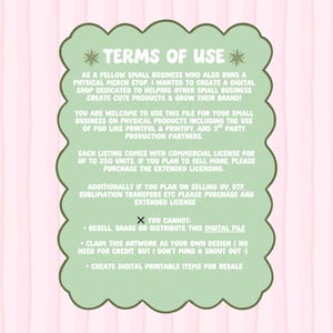May include: A light green, cloud-shaped graphic with the text "TERMS OF USE" in a stylized font. The text details usage rights for digital files, including commercial licenses, and restrictions on resale and distribution.