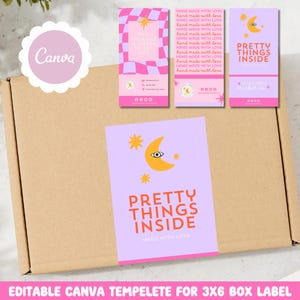 Pretty Things Inside Celestial Custom 3x6 Box Label Template, Retro Witchy Small Business Editable Canva Template, Custom Packing, Digital
