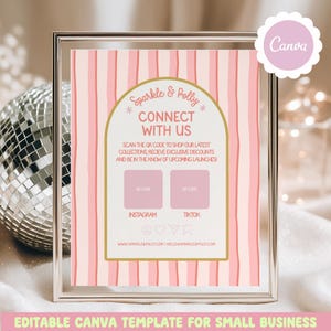 Könnte beinhalten: Ein gerahmtes, rosa-weiß gestreiftes Canva-Template für kleine Unternehmen. Die Vorlage enthält den Text "Sparkle & Polly CONNECT WITH US" und fordert zum Scannen von QR-Codes für Instagram und TikTok auf. Im Hintergrund ist eine Discokugel zu sehen.