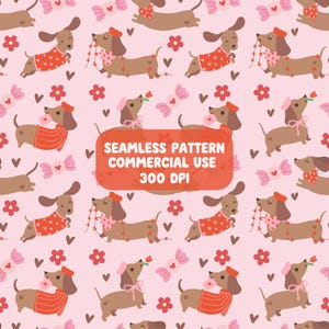 May include: A repeating pattern featuring cartoon dachshunds in sweaters and berets, holding flowers and candy hearts, set against a pink background. The design includes red flowers and hearts, with the text "SEAMLESS PATTERN COMMERCIAL USE 300 DPI".