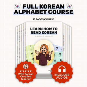 May include: A course on learning the Korean alphabet, featuring a stack of white booklets with the title "Learn How to Read Korean." The image includes the text "Full Korean Alphabet Course" and "Includes Audios."