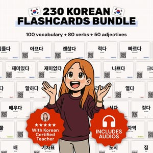 Peut inclure: Un ensemble de 230 cartes flash coréennes, comprenant 100 mots de vocabulaire, 80 verbes et 50 adjectifs. L'image présente une illustration de dessin animé d'une personne avec le texte "With Korean Certified Teacher" et "Includes Audios".
