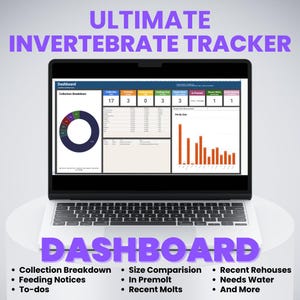 May include: A laptop displaying the "ULTIMATE INVERTEBRATE TRACKER" dashboard. The screen shows data visualizations, including charts and tables. The dashboard includes features like collection breakdown, feeding notices, and size comparison. The laptop is on a white surface.