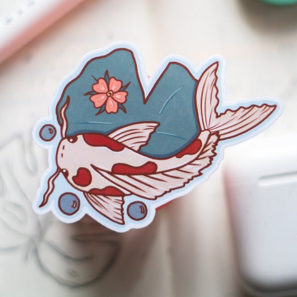 Koi Fish Lily Pad Waterproof Vinyl Sticker | Stickers, Water Bottle Sticker,Laptop Sticker, Digital Art, Illustration, Stationary, Cute