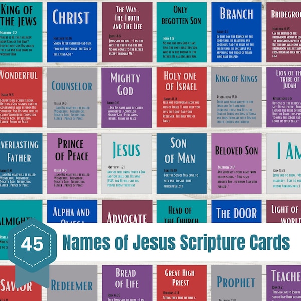 Names of Jesus Printable Cards With Scriptures | Pack of 45 for Bible Study Bookmarks Kids Church Sunday School or Card Bundle Gift