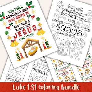 May include: A stack of Christmas-themed coloring pages with the text "You will conceive and give birth to a son, and you are to call him Jesus, Luke 1:31 NIV." The pages feature illustrations of a nativity scene, stars, bells, and candles. The words "Luke 1:31 coloring bundle" are at the bottom.
