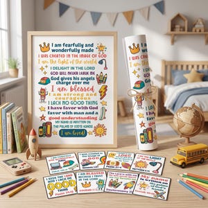 May include: A framed print and a matching rolled scroll featuring colourful, retro-style typography and illustrations of crowns, stars, books, and rockets. Eight smaller square cards with similar religious text and graphics are arranged below.