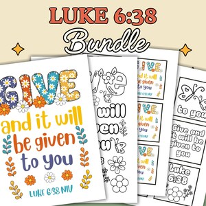Lucas 6:38 - Cartões de escritura da lição da escola dominical para crianças, escola cristã em casa, páginas para colorir com versículos bíblicos sobre doação