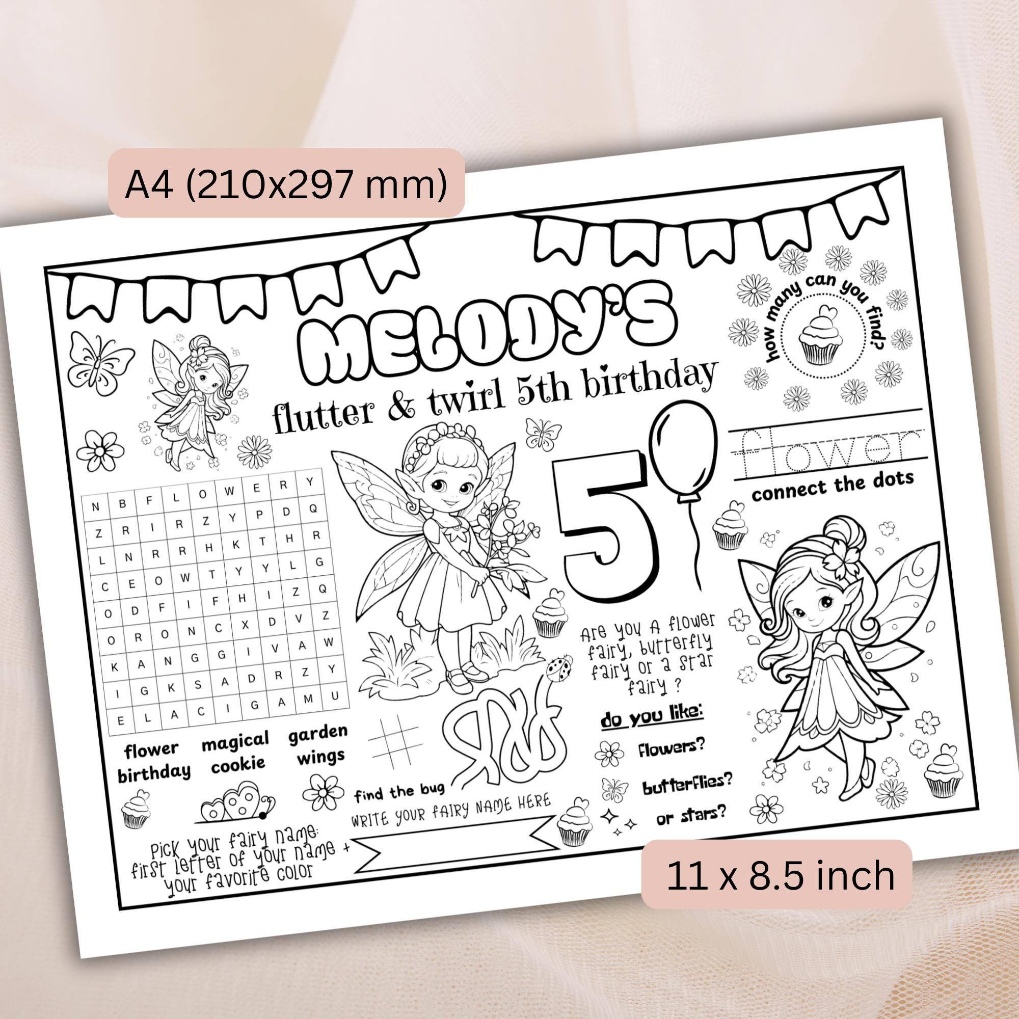 Personalized Fairy 5th Birthday Coloring Placemat Digital Download ...
