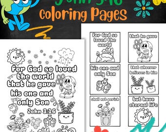 John 3:16 Scripture Flower Coloring Pages for Kids Digital Download Printable Bible Coloring Page for Sunday School or Home School Printable