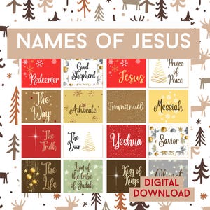 Nomi di Gesù Cristo Biglietti di auguri stampabili di Natale Etichette regalo di Natale stampabili Nomi di Dio stampabili Decorazioni natalizie per la scuola domenicale