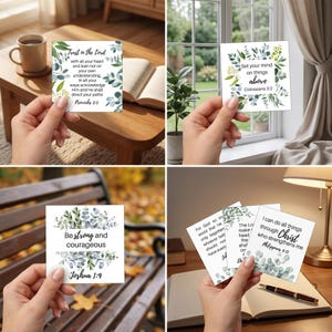 May include: A collection of square cards featuring botanical eucalyptus leaf illustrations and printed Bible verses including Proverbs 3:5, Colossians 3:2, Joshua 1:9, and Philippians 4:13, presented with black text on a white background.