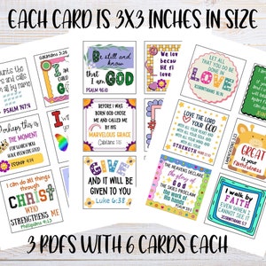 May include: A set of 18 printable cards with inspirational Christian quotes and scripture verses. Each card is 3x3 inches and features colourful illustrations and designs.