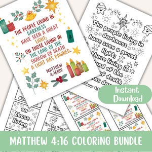 May include: A collection of printable coloring pages with a Christmas theme. The pages feature the Bible verse Matthew 4:16, decorated with candles, stars, and holly. The words "Instant Download" and "Matthew 4:16 Coloring Bundle" are also visible.