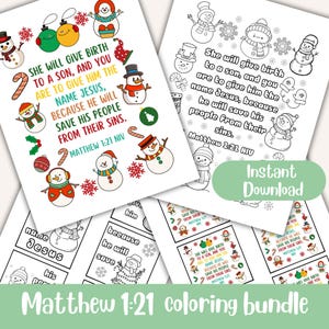 May include: A coloring bundle featuring multiple pages with Christmas-themed illustrations of snowmen and holiday decorations. Each page includes a Bible verse from Matthew 1:21. The text "Instant Download" is also visible.