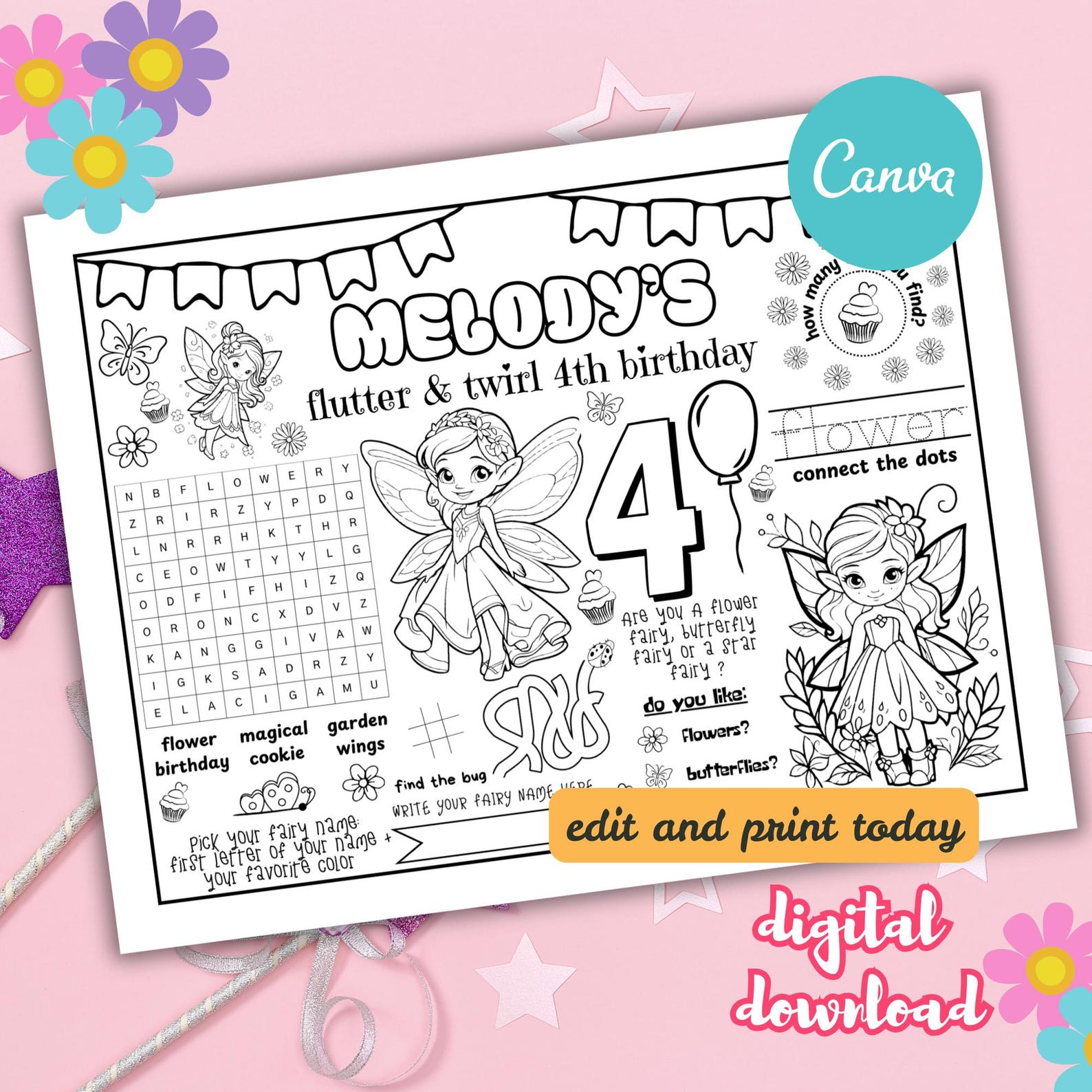Personalized Fairy 4th Birthday Coloring Placemat Digital Download ...