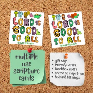 Salmo 145:9 Cartões de dinossauros para crianças Cartões de versículos bíblicos para escola dominical para impressão em casa, escola ou igreja infantil, artesanato em papel fácil
